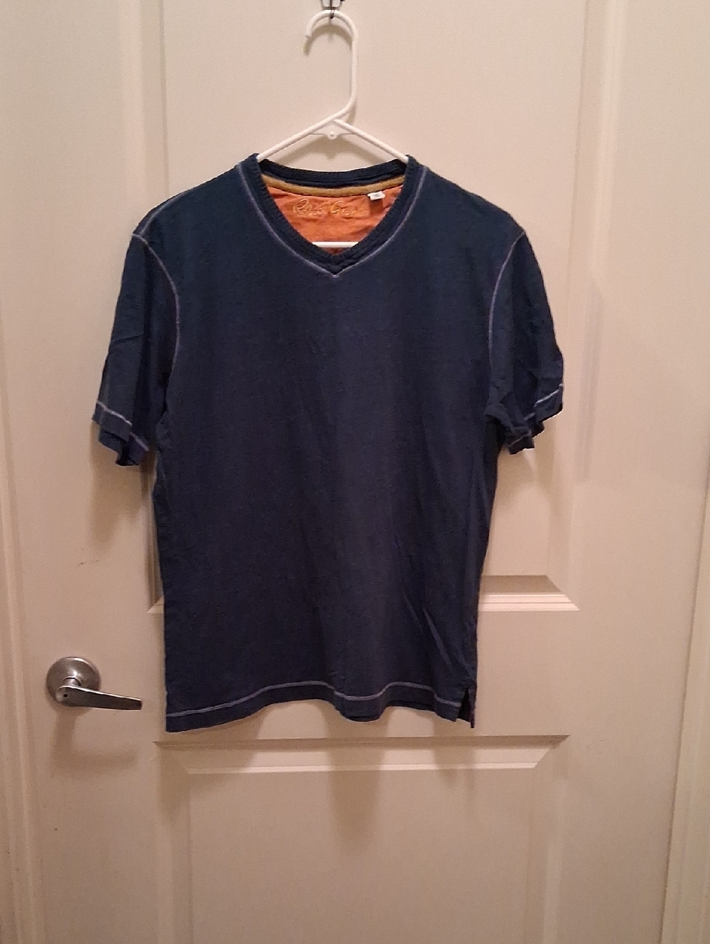 Robert Graham Navy Short-Sleeve V-Neck Tee with Contrast Orange Neck Detail
